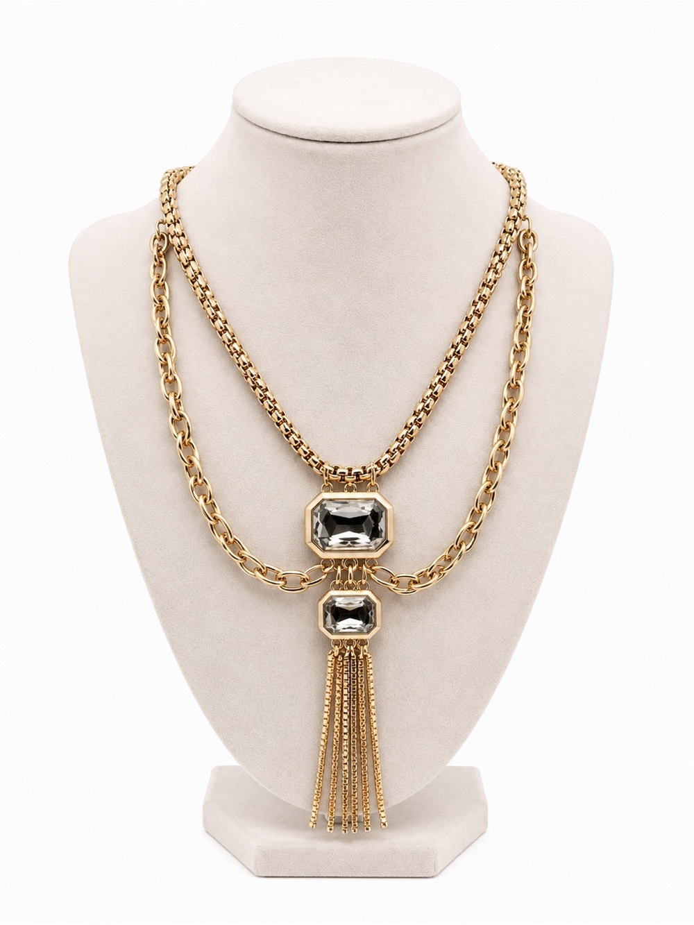 Gold Layered Necklace with Clear Crystal Pendants
